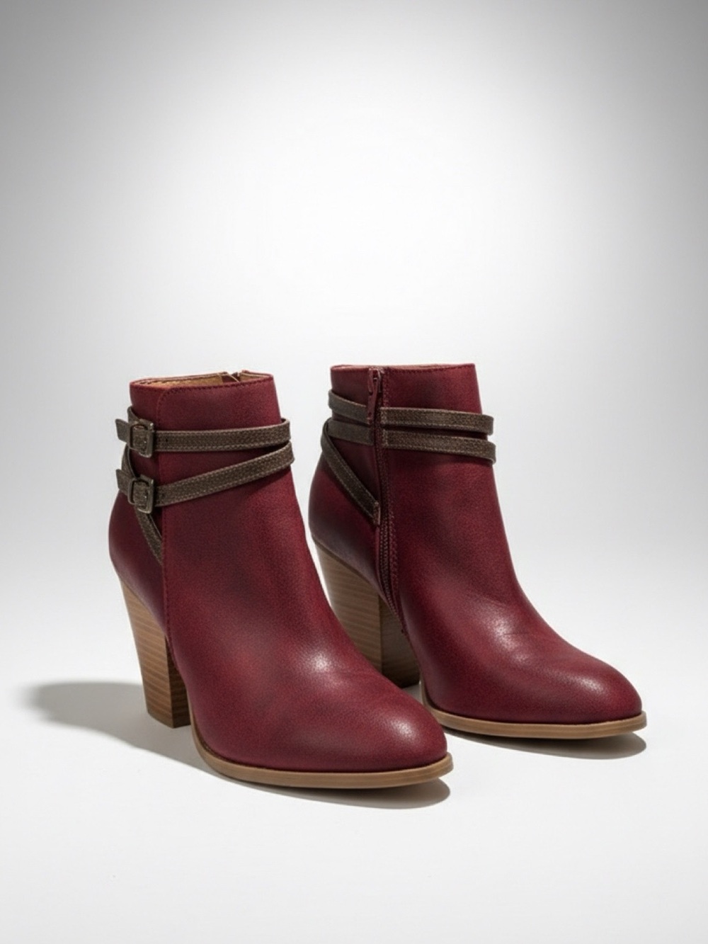 Shoe Dazzle Burgundy Ankle Booties with Brown Strap Detail